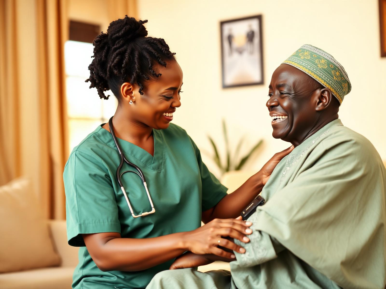 A Morab Hospital nurse checking on an elderly Nigerian patient at home